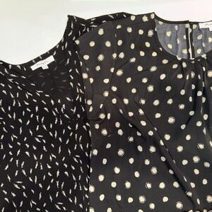 Lot Of 2 Monday Fun Blouses Size Large Polka Dot & Bird Print Black Workwear